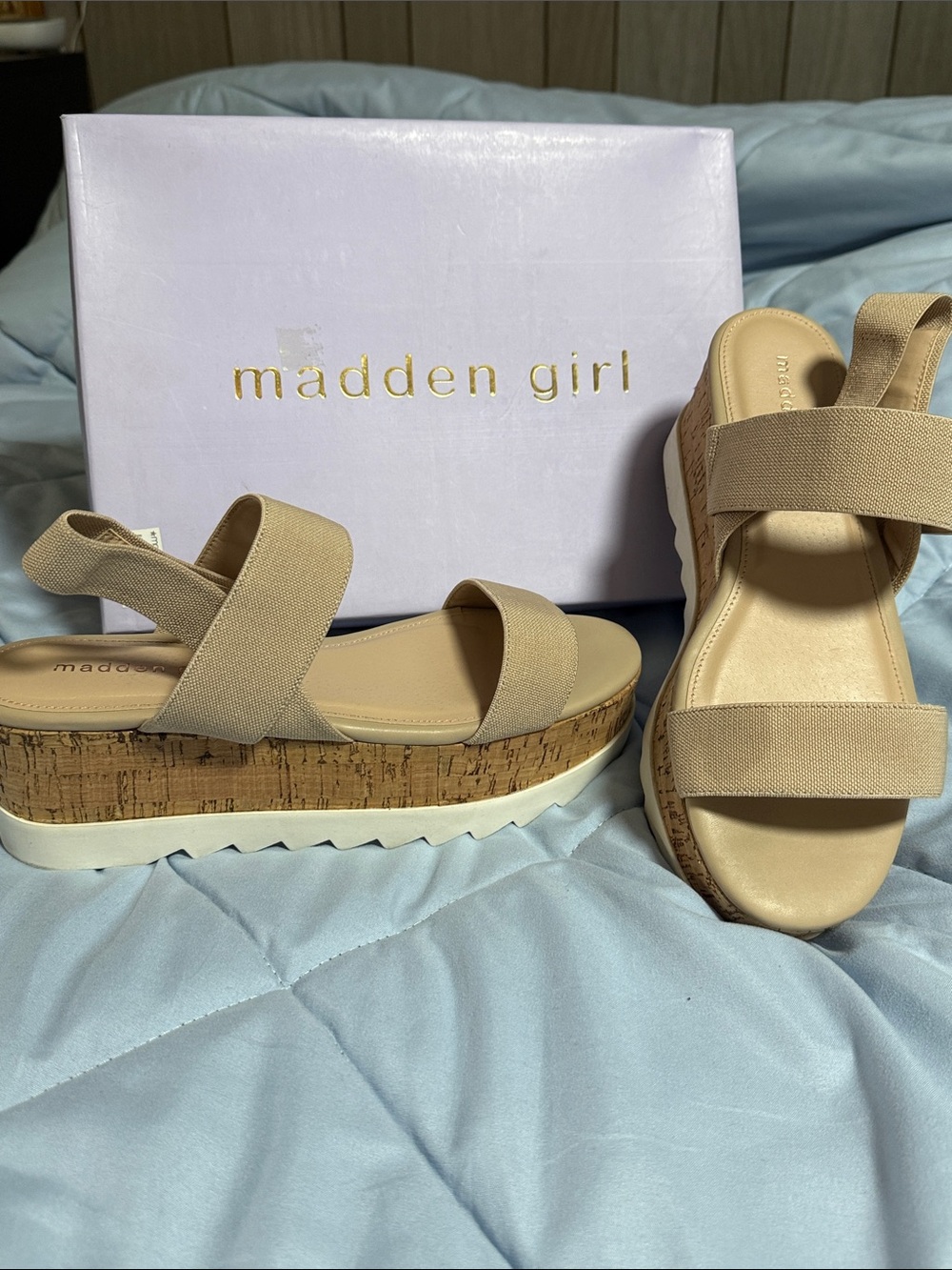 Madden Girl Tan Cork-Platform Elastic Strap Sandals